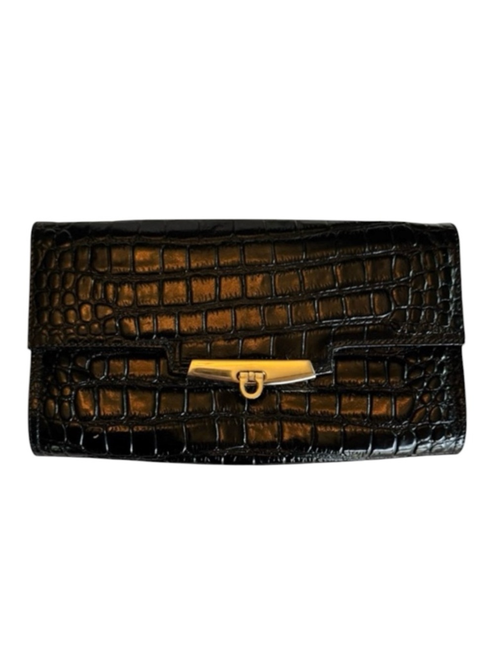 🌴 Black Croc-Embossed Leather Clutch with Gold Hardware